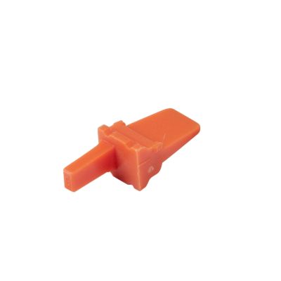 Orange Amphenol AWM-4P ATM 4-way receptacle wedge, showcasing a compact, angular design against a white background.