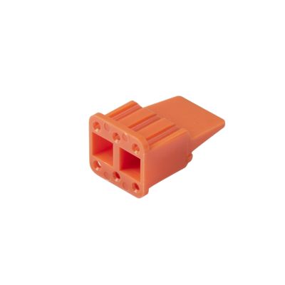 Orange Amphenol AWM-6S, ATM 6-way plug wedge connector with a rectangular shape and multiple pin holes.