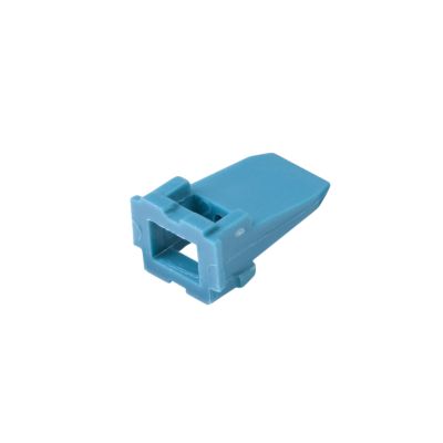 Blue Amphenol AW4P AT 4-way receptacle wedge with a visible rectangular opening and angled design on a white background.