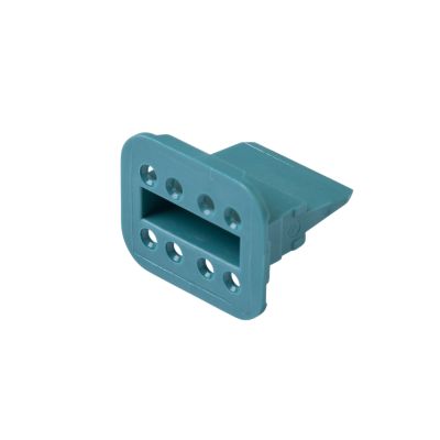 Blue Amphenol AW8S, AT 8-way plug wedge with rectangular shape and multiple holes, used for electrical connections.