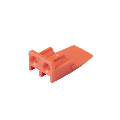 Orange Amphenol AWP-2S, ATP 2-way plug wedge with dual circular openings and flat angled design.