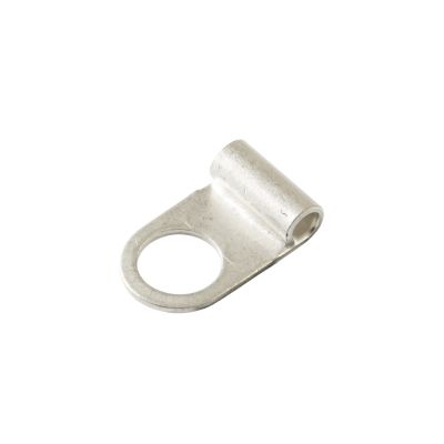 Non-insulated flag ring terminal for electrical connections, featuring a circular opening and metal finish.