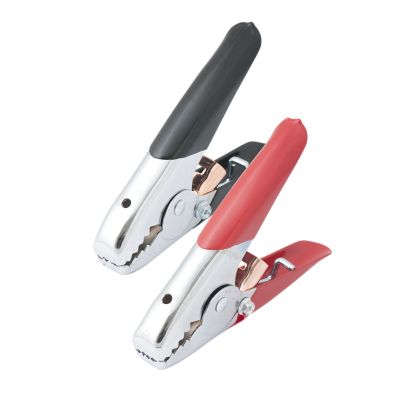 Red and black zinc-plated battery clamps, 500 amp, showcasing secure grip and connectivity for automotive use.