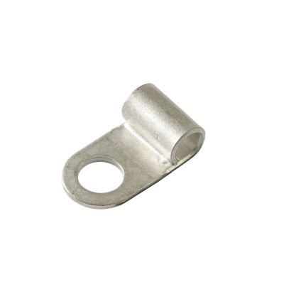 Non-insulated flag ring terminal with a circular opening for a 10 stud, compatible with 12-10 gauge wires.