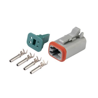 Amphenol AT Connector Kit showing 4-way plug and terminals, ideal for 16-14 gauge wires, featuring durable design.