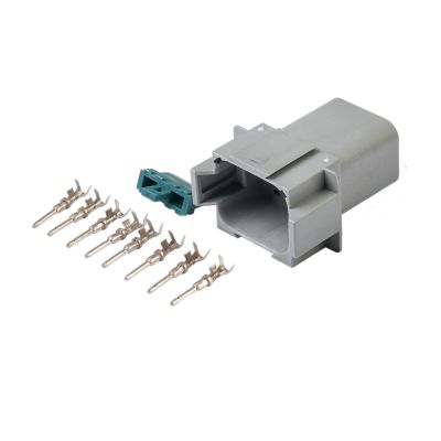 Amphenol AT Connector Kit with 8-way receptacle and terminals, shown in a gray and green color scheme.