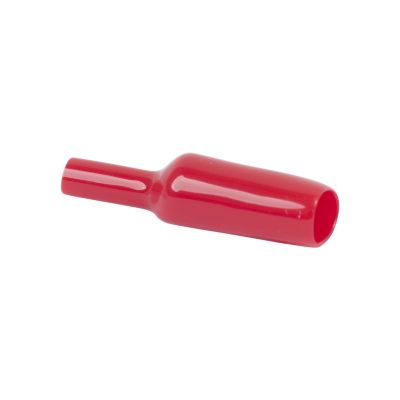 Red plastic clip insulator with a smooth, tubular design used for electrical applications.