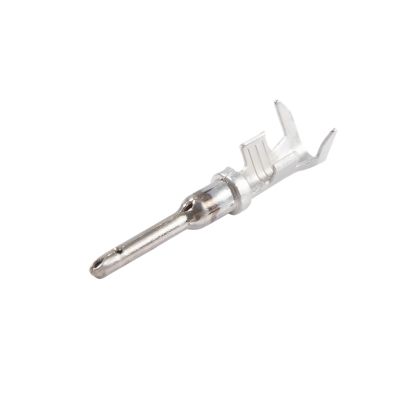 Nickel-finished Amphenol AT Pin Contact, size 16, designed for gauge 16-14, showcasing its detailed metallic structure.