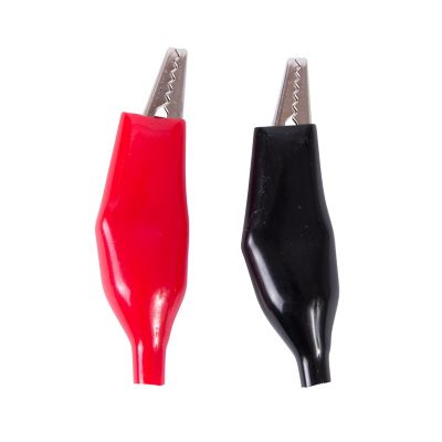 Red and black steel alligator clips, ideal for electrical connections, showcasing toothed jaws for secure grip.