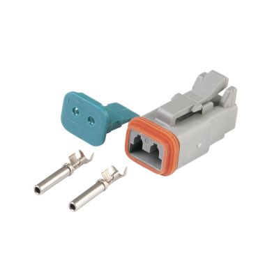 Amphenol AT connector kit with 2-way plug and terminals, showcasing durable design and compatibility for 18-16 gauge wires.