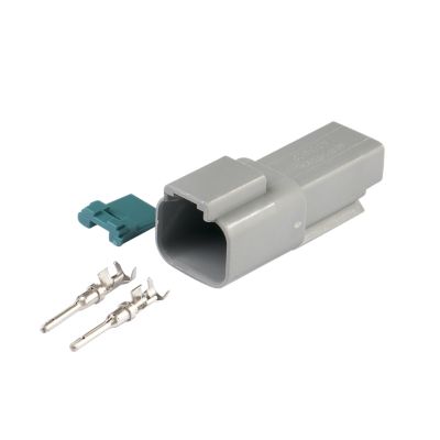 Amphenol AT Connector Kit with 2-way receptacle and metal terminals for 18-16 gauge wire applications.