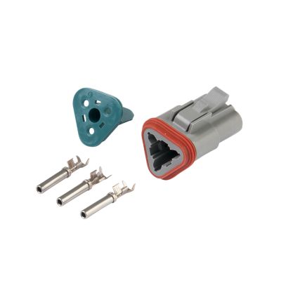 Amphenol AT Connector Kit with gray 3-way plug, blue housing, and metal pin contacts for 18-16 gauge wires.