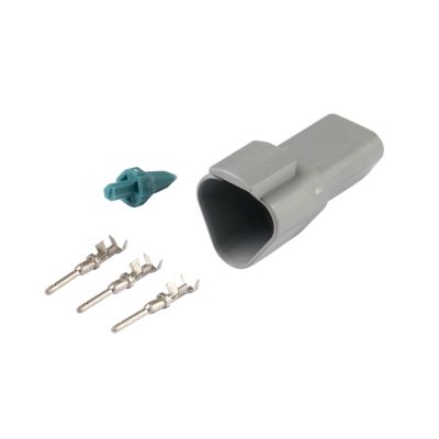 Image of an Amphenol AT Connector Kit featuring a gray 3-way receptacle and three metal terminals.