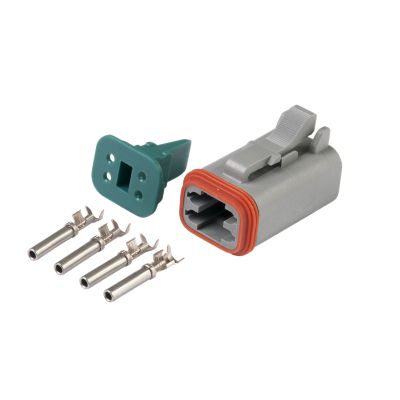 Amphenol AT Connector Kit with 4-way plug and terminals displayed on a white background.