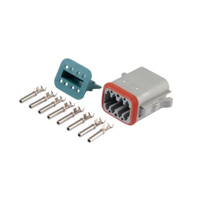 Amphenol AT Connector Kit with 8-way plug and various terminal components displayed against a white background.