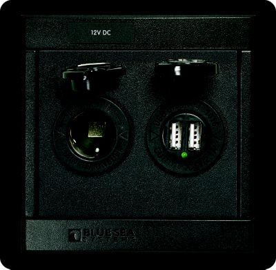 Blue Sea Systems panel with 12V socket and dual USB charger, featuring a sleek black design.