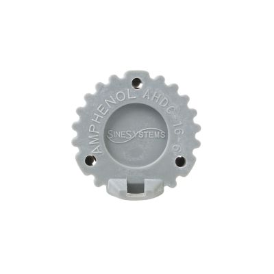 Gray AHD Series Connector Receptacle Cap with embossed text and circular design, featuring multiple holes around the edge.