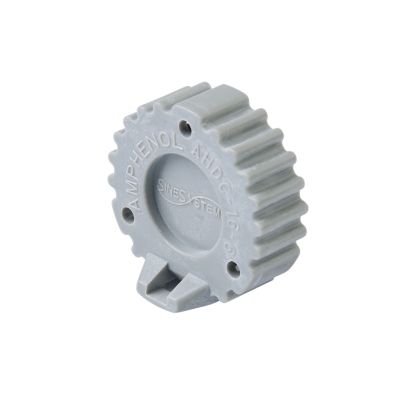 Grey Amphenol AHDC-16-6, AHD 6-position receptacle cap with a gear-like design and visible text.