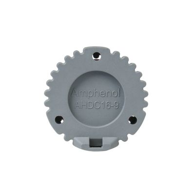 Gray AHD Series Connector Receptacle Cap with text and mounting holes, designed for secure electrical connections.