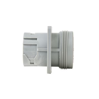 Gray AHD Series connector receptacle with ribbed design and sturdy outer casing for secure electrical connections.