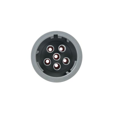 Gray AHD Series 6-position circular connector plug, showing open slots and robust design for secure electrical connections.