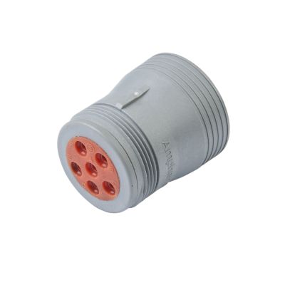 Gray Amphenol AHD 6-position plug with orange circular connector, threaded rear view.