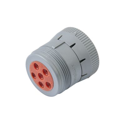 Gray Amphenol AHD16 plug with threaded rear and red coupling ring, featuring a 6-position connection interface.