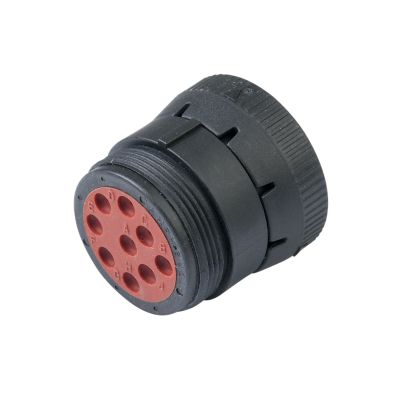 Amphenol 9-position threaded plug with coupling ring for J1939 applications, showcasing a durable design and precision engineering.