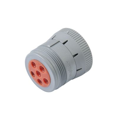 Gray Amphenol AHD 9-position plug with threaded rear and coupling ring, showcasing connection points and durable design.