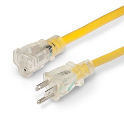 Yellow extension cord with clear lighted ends, showcasing plug and socket design.
