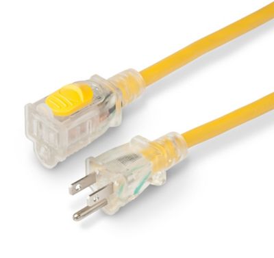Yellow Marinco locking extension cord with lighted ends, emphasizing durability and functionality for electrical use.