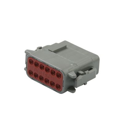 Deutsch DTM06-12SA, 12-way plug with gray casing and red connector face, ideal for secure electrical connections.