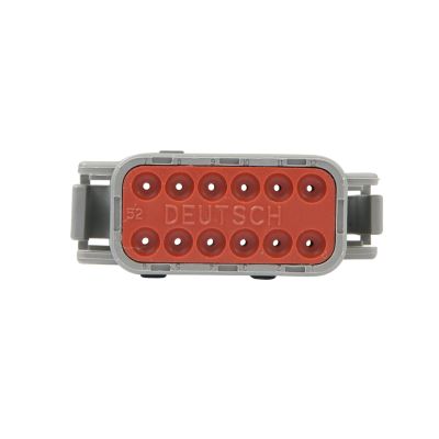 DEUTSCH DTM Series 12-Way Plug with orange face and multiple ports, designed for reliable electrical connectivity.