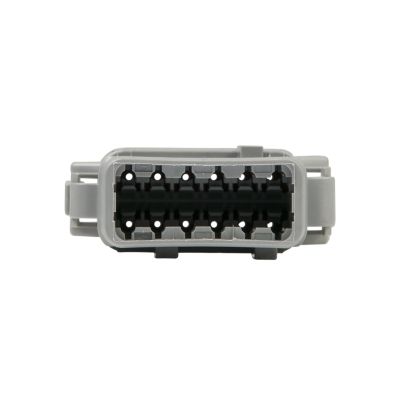 Gray DEUTSCH DTM Series 12-way plug with rectangular design and multiple slots for secure electrical connections.