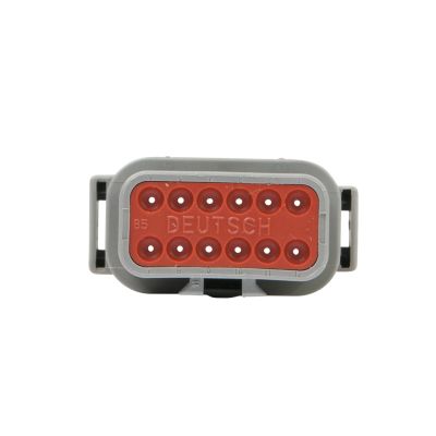 DEUTSCH DTM Series 12-Way Receptacle with red connector, grey casing, and secure mounting design. Ideal for automotive use.