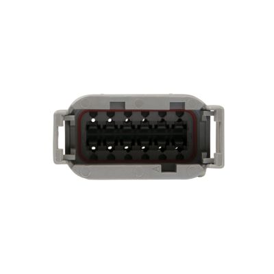 12-way DEUTSCH DTM series receptacle with gray outer casing and internal pin sockets, designed for secure electrical connections.