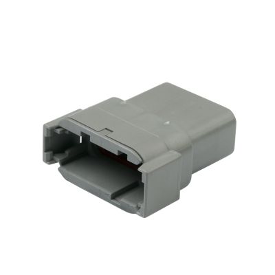 Gray Deutsch DTM04-12PA connector, 12-way receptacle with secure locking mechanism, ideal for automotive wiring solutions.