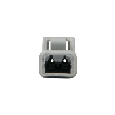 Front view of a DEUTSCH DTM Series 2-way plug with a rectangular gray casing and two connector holes.