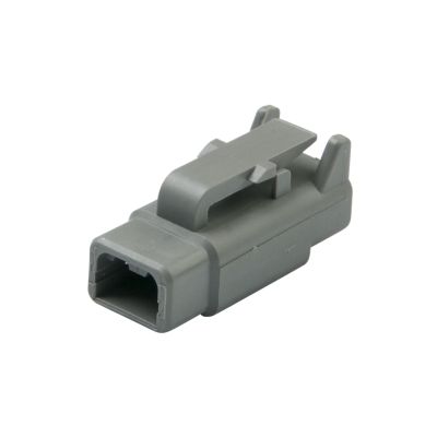 Gray Deutsch DTM06-2S connector plug, featuring a compact design with a secure latch mechanism, ideal for electrical connections.