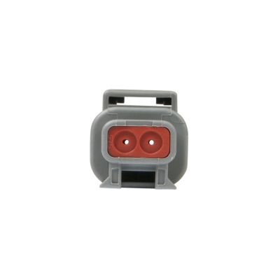 Two-way DEUTSCH DTM Series receptacle in gray with two circular red connectors, designed for secure electrical connections.