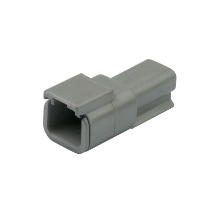 Gray Deutsch DTM04-2P, DTM 2-way receptacle connector with a rectangular shape and secure locking mechanism.