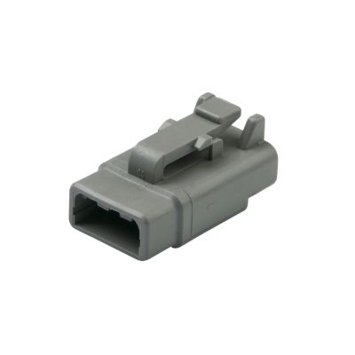 Gray Deutsch DTM06-3S, 3-way plug connector with latch detail, suitable for automotive and industrial applications.
