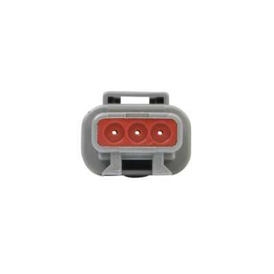 DEUTSCH DTM Series 3-way receptacle connector, showcasing a red interface and durable gray housing for secure connections.