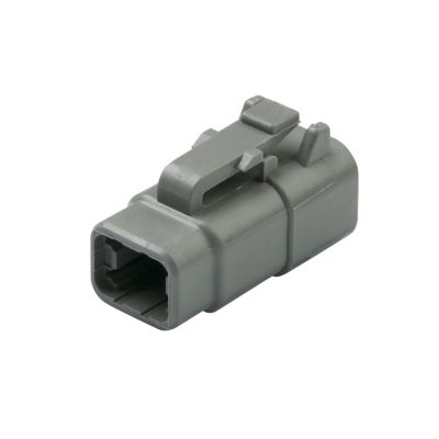 Deutsch DTM06-4S, durable gray 4-way plug connector with a secure latch for automotive applications.