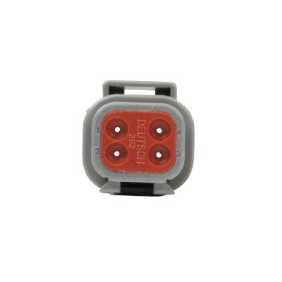 DEUTSCH DTM Series 4-Way Receptacle showing front view with four circular connectors in a gray and red housing.