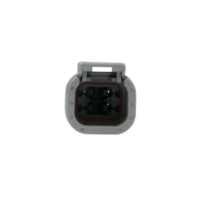 Front view of a DEUTSCH DTM Series 4-way receptacle connector in gray, featuring secure lock and multi-pin design.