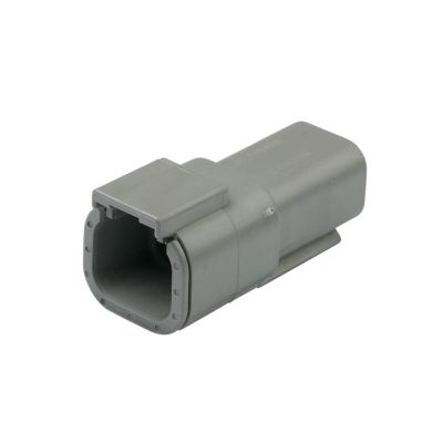 Gray Deutsch DTM04-4P, 4-way receptacle connector with durable design for secure electrical connections.