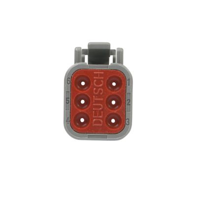 DEUTSCH DTM Series 6-way plug connector, featuring a gray housing with a red face and six circular pin openings.