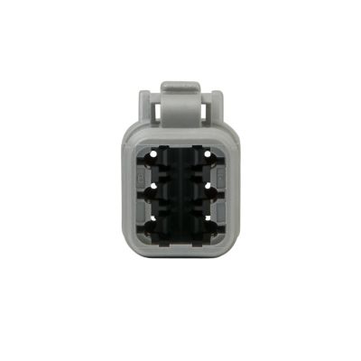 DEUTSCH DTM Series Plug, 6-way connector with gray housing, frontal view, showcasing slots for secure electrical connections.