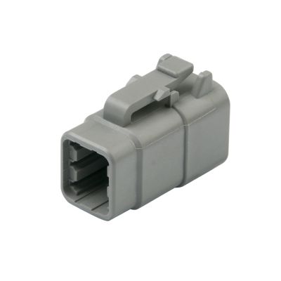 Gray Deutsch DTM06-6S, 6-way plug connector with a durable shell and rectangular shape for secure electrical connections.
